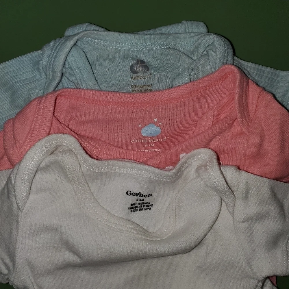 Baby Girl 100% Cotton 3Pc Bodysuit Bundle - Spring Pastel Colors - 0-3m 0/3m